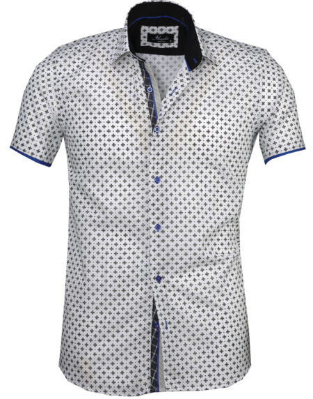 Men's Button down Tailor Fit Soft 100% Cotton Short Sleeve Dress Shirt White with Black casual And Formal - Amedeo Exclusive