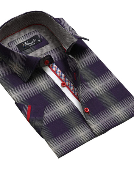 Men's Button down Tailor Fit Soft 100% Cotton Short Sleeve Dress Shirt Purple Grey Checkered casual And Formal - Amedeo Exclusive