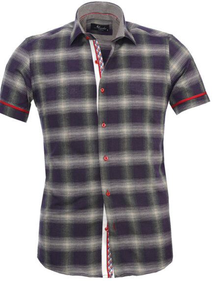 Men's Button down Tailor Fit Soft 100% Cotton Short Sleeve Dress Shirt Purple Grey Checkered casual And Formal - Amedeo Exclusive