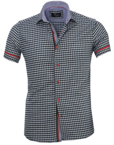 Men's Button down Tailor Fit Soft 100% Cotton Short Sleeve Dress Shirt Light Blue Black Checkered casual And Formal - Amedeo Exclusive