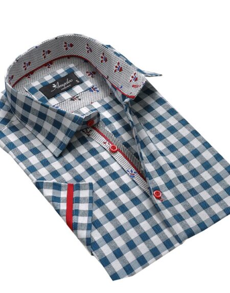 Men's Button down Tailor Fit Soft 100% Cotton Short Sleeve Dress Shirt Blue White Checkered casual And Formal - Amedeo Exclusive
