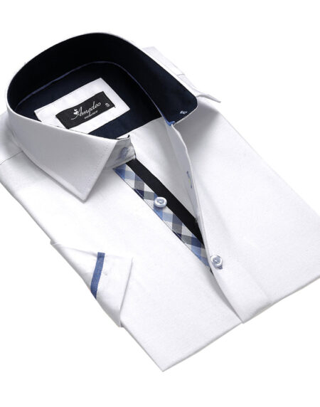 Men's Button down Tailor Fit Soft 100% Cotton Short Sleeve Dress Shirt Solid White Checkered casual And Formal - Amedeo Exclusive