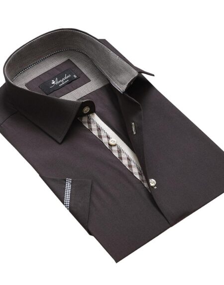 Men's Button down Tailor Fit Soft 100% Cotton Short Sleeve Dress Shirt Solid Black Checkered casual And Formal - Amedeo Exclusive