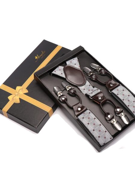 Men's Y Back Adjustable Strap Dual Clip Grey Red Dot High Quality Premium Suspenders - Amedeo Exclusive