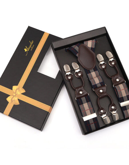 Men's Elastic Y Blue Beige Check Strap Dual Clip on High Quality Premium Suspenders - Amedeo Exclusive