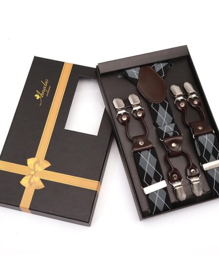 Men's Elastic Y Black Grey Checkers Strap Dual Clip on High Quality Premium Suspenders - Amedeo Exclusive