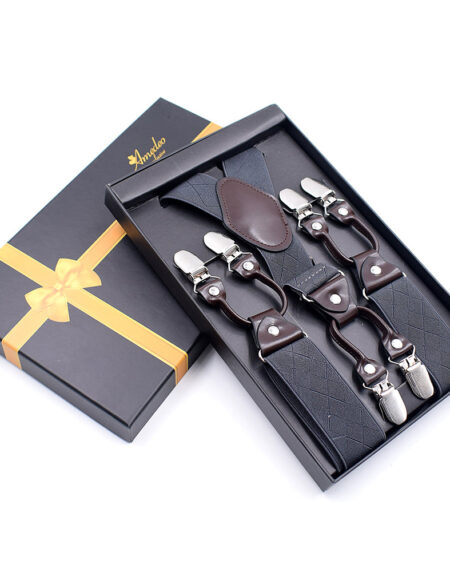 Men's Dual Clip Y Back Adjustable Strap Solid Grey Check High Quality Premium Suspenders - Amedeo Exclusive