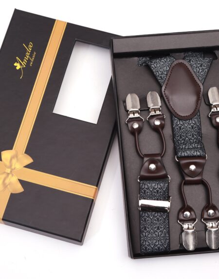 Men's Dual Clip Y Back Black Grey Floral High Quality Premium Suspenders - Amedeo Exclusive