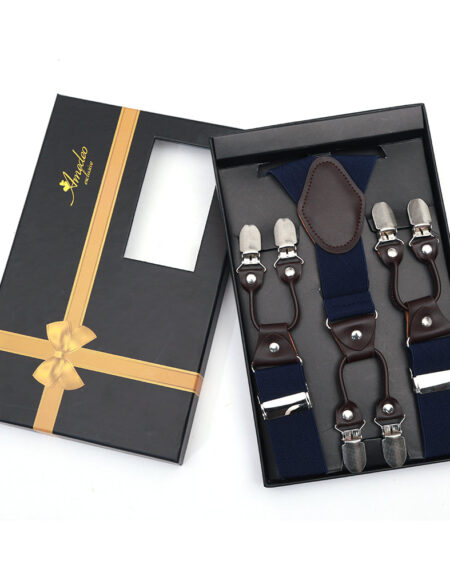 Men's Dual Clip Y Back  Navy Blue Check High Quality Premium Suspenders - Amedeo Exclusive