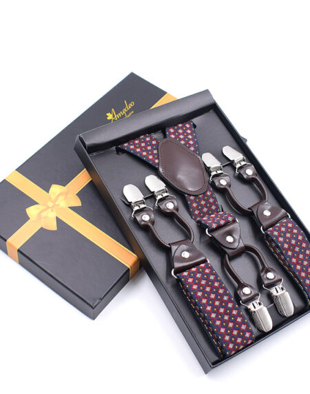 Men's Dual Clip Y Back  Burgundy Check High Quality Premium Suspenders - Amedeo Exclusive