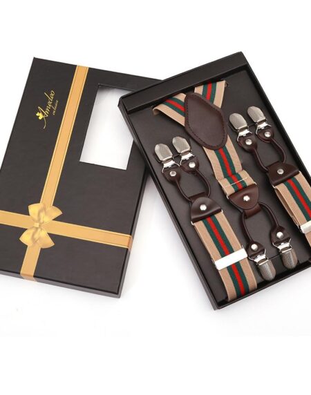 Men's Elastic Y Beige Green Strap Dual Clip on High Quality Premium Suspenders - Amedeo Exclusive
