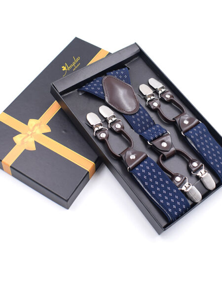 Men's Elastic Y Navy Blue Diamonds Strap Dual Clip on High Quality Premium Suspenders - Amedeo Exclusive