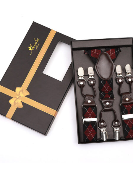 Men's Elastic Y Red Black Check Strap Dual Clip on High Quality Premium Suspenders - Amedeo Exclusive