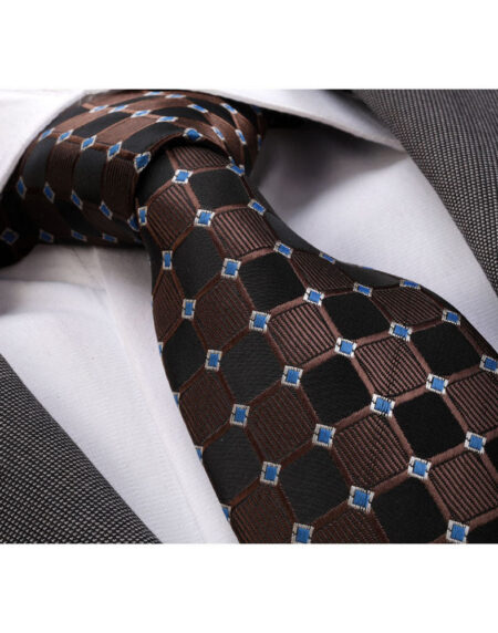 Men's jacquard Black Brown Blue Squares Premium Neck Tie With Gift Box - Amedeo Exclusive