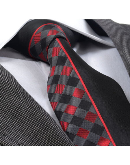 Men's Fashion Red Plaid Half Black Tie Silk Neck Tie Gift Box - Amedeo Exclusive