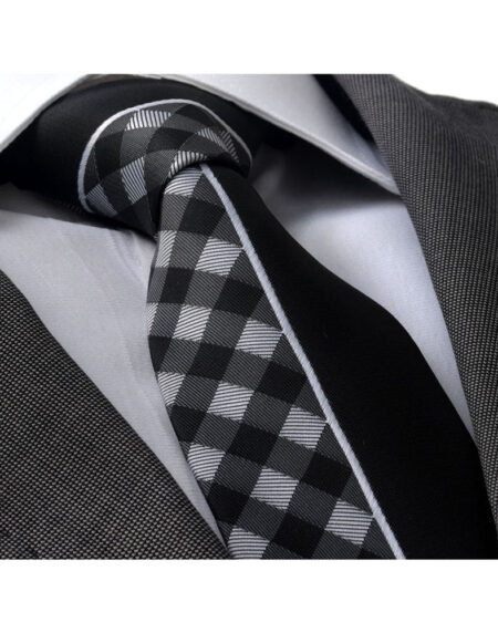 Men's Fashion Gray White Plaid Half Black Silk Neck Tie With Gift Box - Amedeo Exclusive