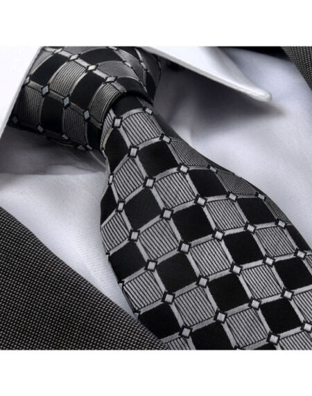 Men's Fashion Gray Black Squares Silk Neck Tie With Gift Box - Amedeo Exclusive