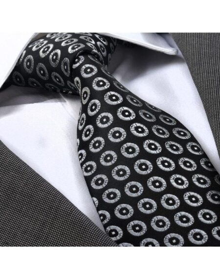 Men's Fashion Black Silver Circles Squares Neck Tie Gift box - Amedeo Exclusive