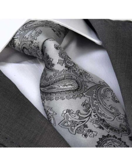 Men's Fashion Silver Grey Paisley Neck Tie Gift box - Amedeo Exclusive