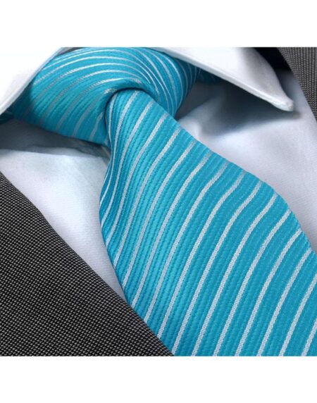Men's Fashion Turqouise Blue White Lines Neck Tie Gift box - Amedeo Exclusive