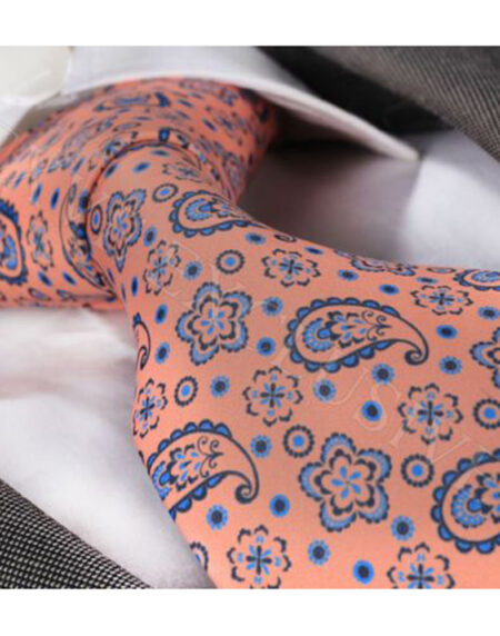 Orange Blue Paisley Mens Designer Silk Necktie with Gift Box - Premium Quality made in Europe - Amedeo Exclusive