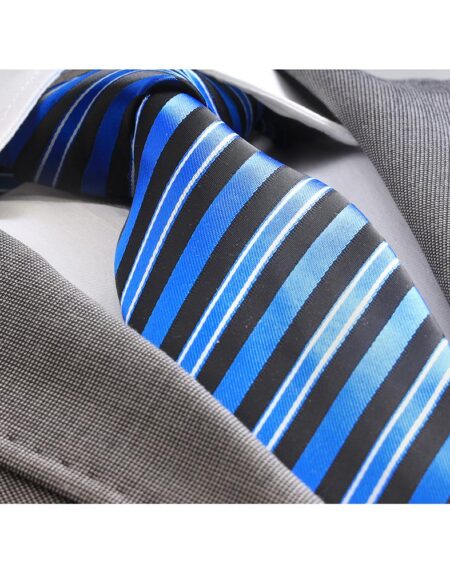 Men's jacquard Metallic Blue and Black Lines Premium Neck Tie With Gift Box - Amedeo Exclusive