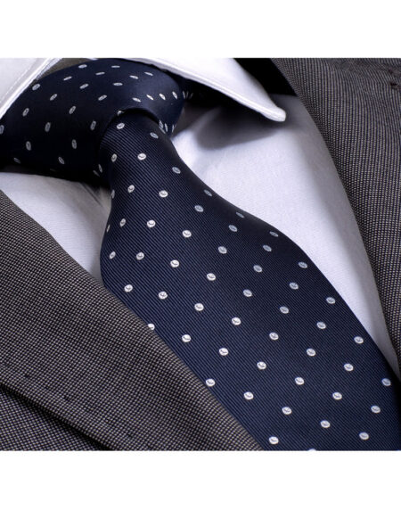 Men's Fashion Navy Blue White Polka Dot Neck Tie - Amedeo Exclusive