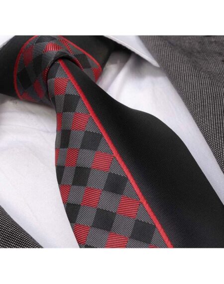 Black Red Plaids Mens Designer Silk Necktie with Gift Box - Premium Quality made in Europe - Amedeo Exclusive