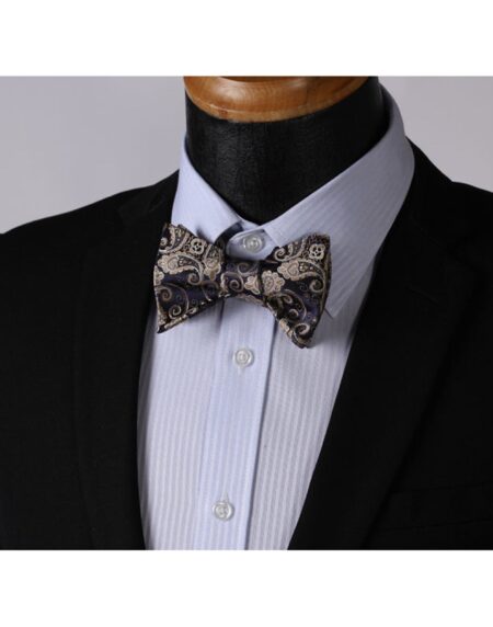 Gold Navy Blue Paisley Mens Silk Self tie Bow Tie with Pocket Squares Set - Amedeo Exclusive