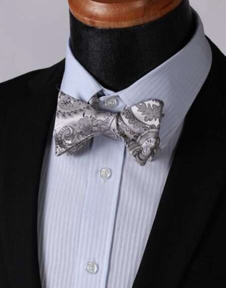 Gray Paisley Mens Silk Self tie Bow Tie with Pocket Squares Set - Amedeo Exclusive