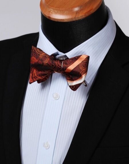 Men's Silk Orange Paisley Stripe Self  Bow Tie Pocket Handkerchief - Amedeo Exclusive