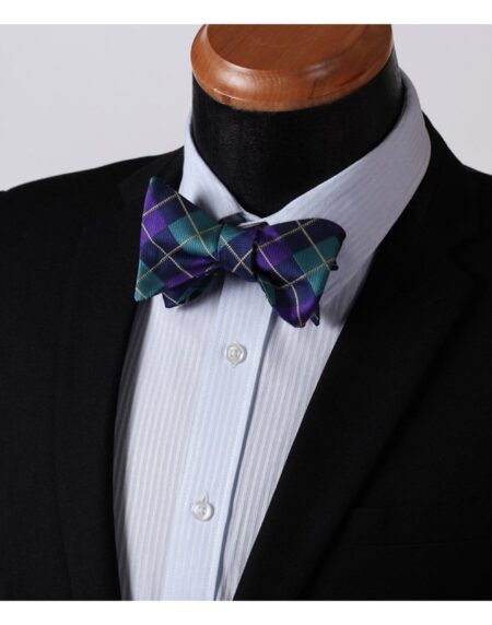 Men's Silk Aqua Purple Check Self Bow Tie Handkerchief - Amedeo Exclusive