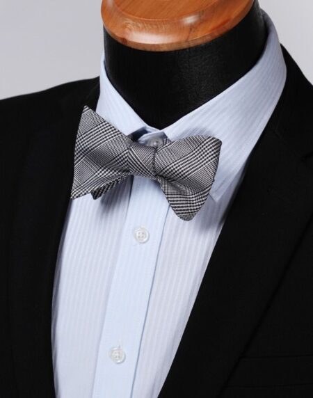 Men's Silk Black White Check Self  Bow Tie Pocket Handkerchief - Amedeo Exclusive
