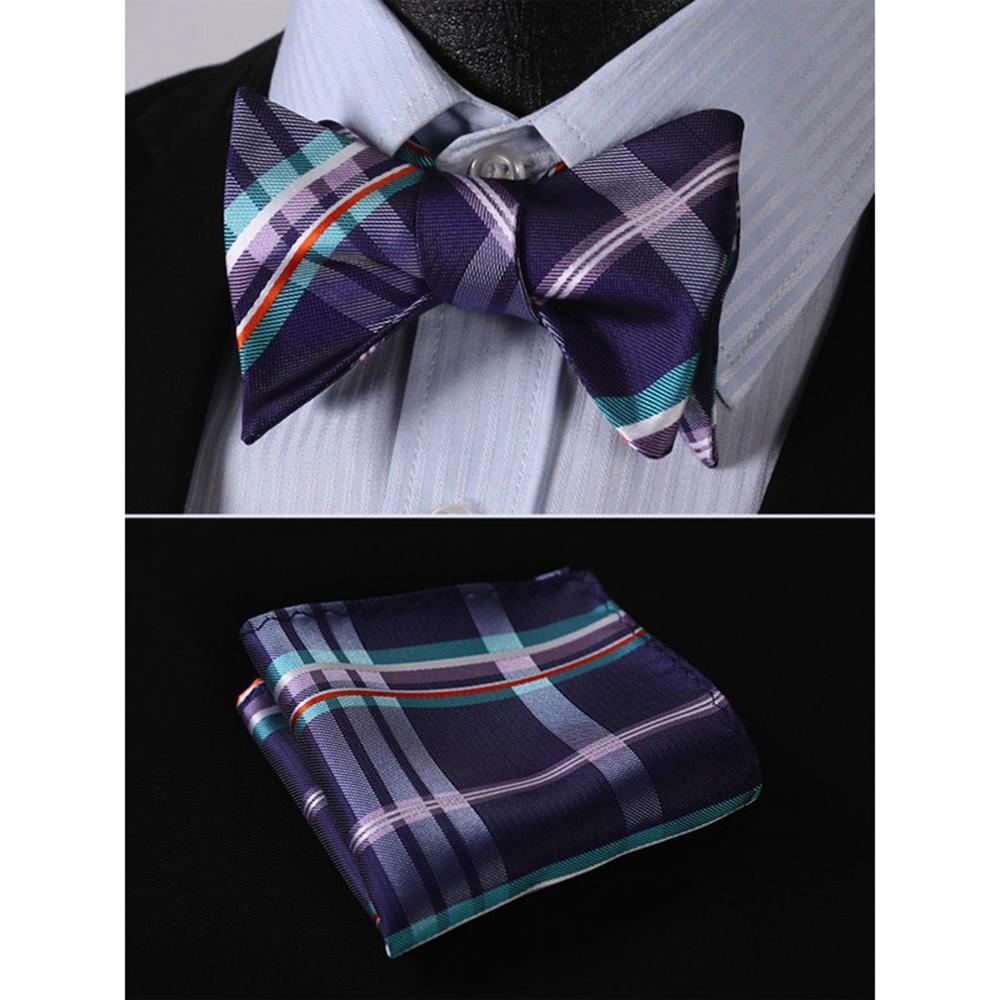 Men's Purple Aqua Orange Check Bow Tie & Pocket Handkerchief - Identical 11 - Amedeo Exclusive