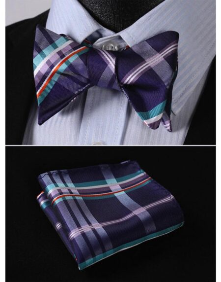 Men's Purple Aqua Orange Check Bow Tie & Pocket Handkerchief - Identical 10 - Amedeo Exclusive