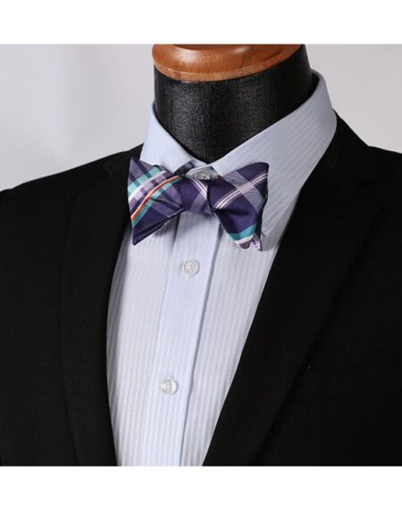 Men's Purple Aqua Orange Check Bow Tie & Pocket Handkerchief - Identical 10 - Amedeo Exclusive