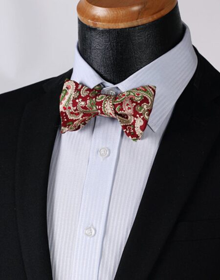 Burgundy Green Paisley Mens Silk Self tie Bow Tie with Pocket Squares Set - Amedeo Exclusive