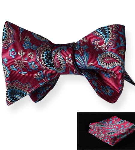 Red Blue Paisley Mens Silk Self tie Bow Tie with Pocket Squares Set - Amedeo Exclusive