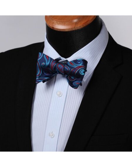 Blue Red Paisley Mens Silk Self tie Bow Tie with Pocket Squares Set - Amedeo Exclusive
