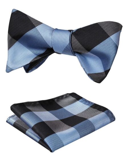 Men's Navy Blue Silk Self Bow Tie Matching Handkerchief - Amedeo Exclusive