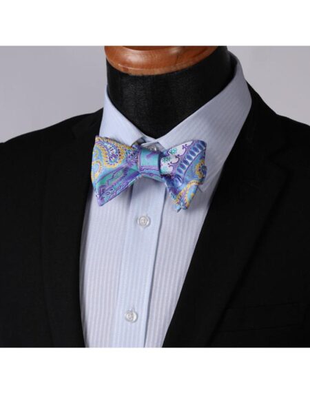 Men's Blue & Yellow Paisley Self Bow Tie & Pocket Handkerchief - Amedeo Exclusive