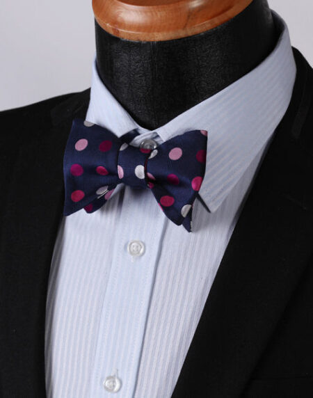 Men's Silk Pink Navy Blue Polka Dot Self Bow Tie Matching Handkerchief - Amedeo Exclusive