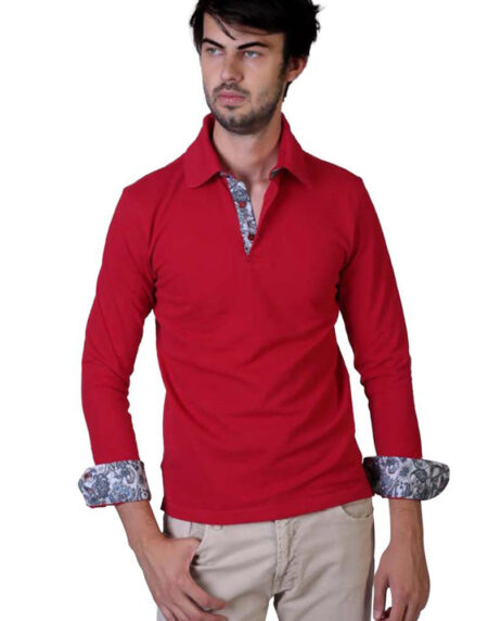 Red Paisley Mens Slim Fit Polo Shirts - 100% Soft Cotton - Tailored Comfortable Fit - Amedeo Exclusive